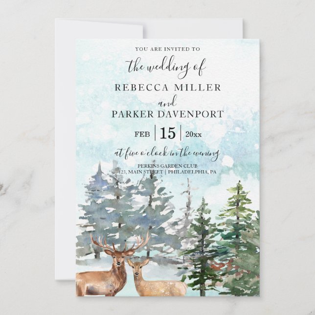 Winter deers in the forest snowy invitation (Front)
