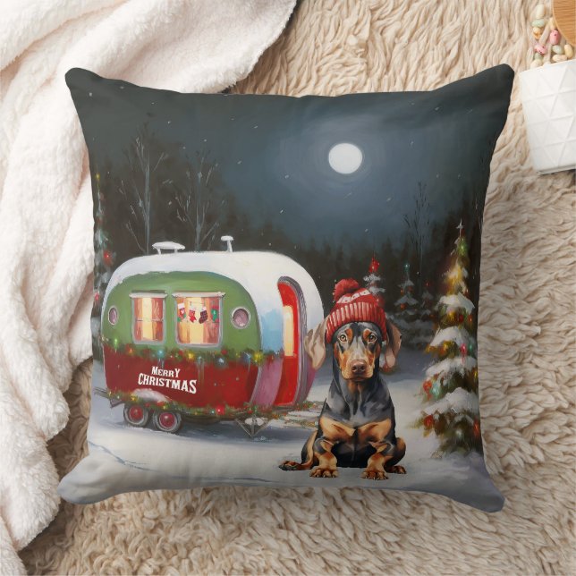 Winter Doberman Caravan Christmas Adventure  Cushion (Blanket)