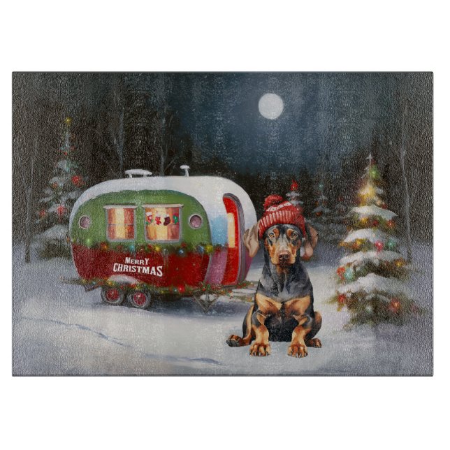 Winter Doberman Caravan Christmas Adventure  Cutting Board (Front)