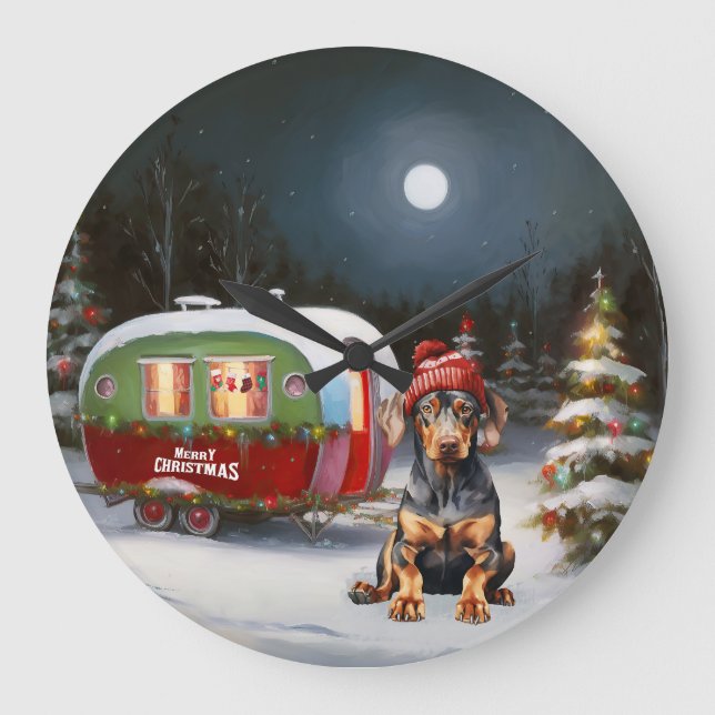 Winter Doberman Caravan Christmas Adventure  Large Clock (Front)