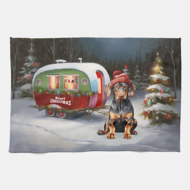 Winter Doberman Caravan Christmas Adventure  Tea Towel (Horizontal)