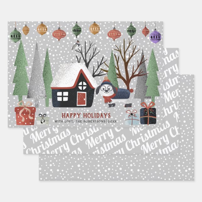 Winter dog, Merry Christmas and snowflakes Wrapping Paper Sheet (Set)