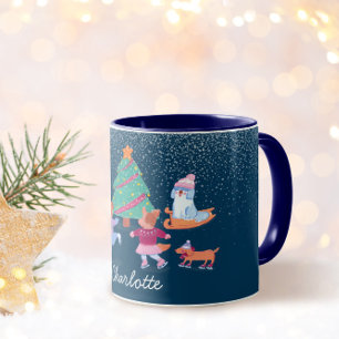 Winter Dogs Ice Skating Dark Blue Christmas Name Mug