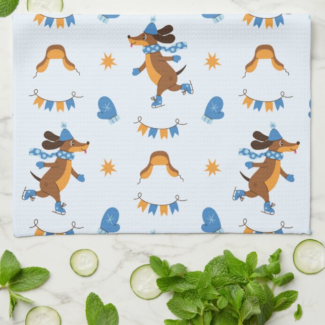 Winter Dogs Ice Skating - Kitchen Towel (Folded)