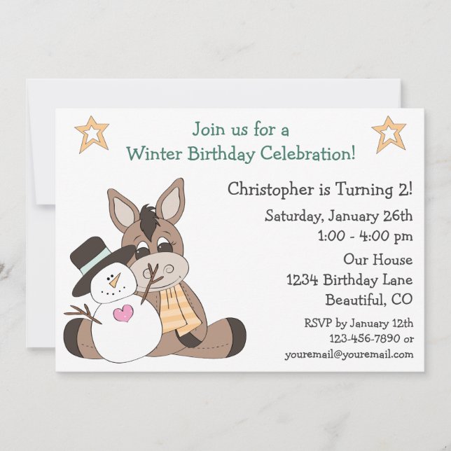 Winter Donkey Birthday Invitation for Boys (Front)