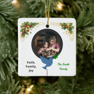 Winter Dove and Olive Branch Two Photo Christmas Ceramic Ornament