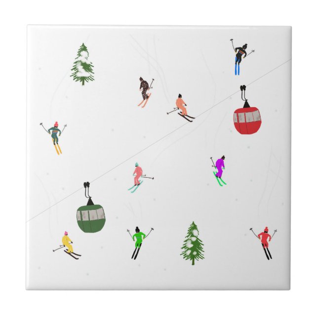 Winter Downhill Aerial Skiers Skiing Pattern Ceramic Tile (Front)