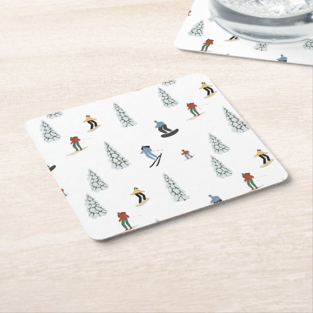 Winter Downhill Pattern Square Paper Coaster (Angled)