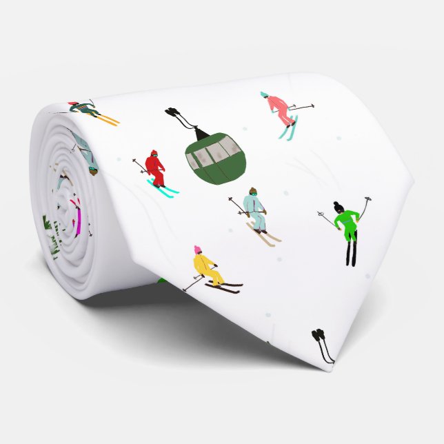 Winter Downhill Skiers Skiing Pattern Tie (Rolled)