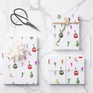 Winter Downhill Skiers Skiing Pattern Wrapping Paper Sheet