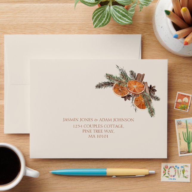 Winter Dried Orange Cinnamon Botanical Wedding Envelope (Desk)