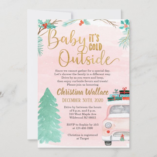 Winter Drive By Baby Shower Invitations for Girls (Front)