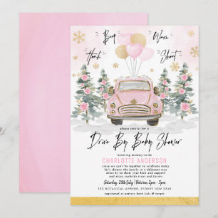 Winter Drive By Baby Shower Pink Gold Floral Car Invitation