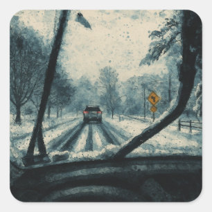 Winter Drive Through the Snow – Windshield View Square Sticker