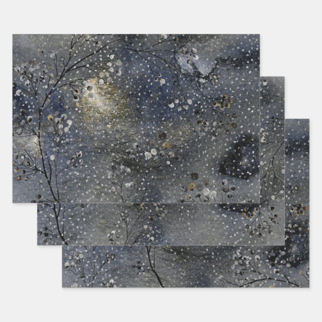 Winter Dusk Night Sky Silver Snowfall Wrapping Paper Sheet (Set)