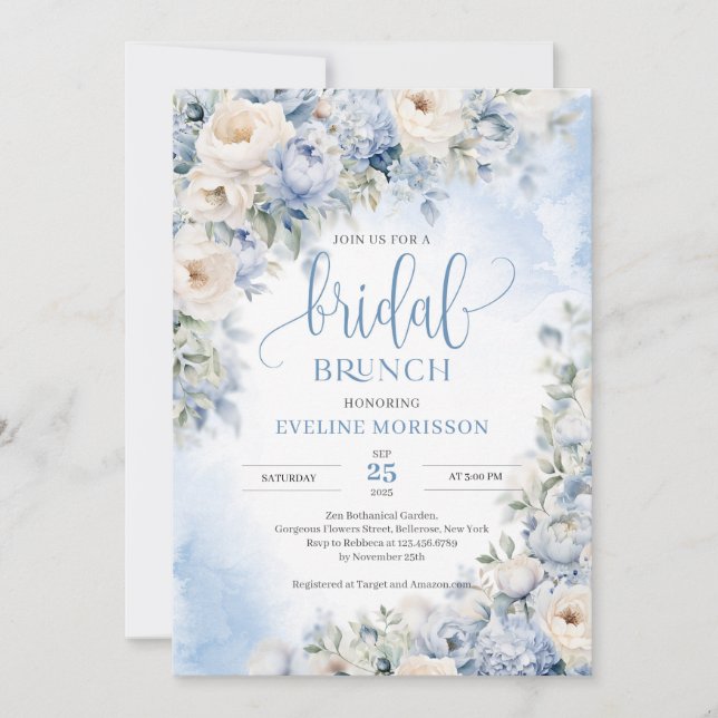 Winter Dusty Blue and Ivory Flowers Bridal brunch Invitation (Front)