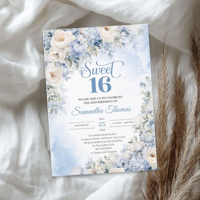 Winter Dusty Blue and Ivory Flowers Sweet 16 Invitation (Winter Dusty Blue and Ivory Flowers Sweet 16 Invitation)