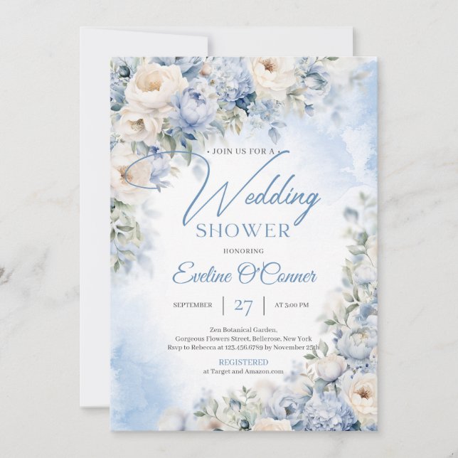 Winter Dusty Blue and Ivory Flowers Wedding Shower Invitation (Front)