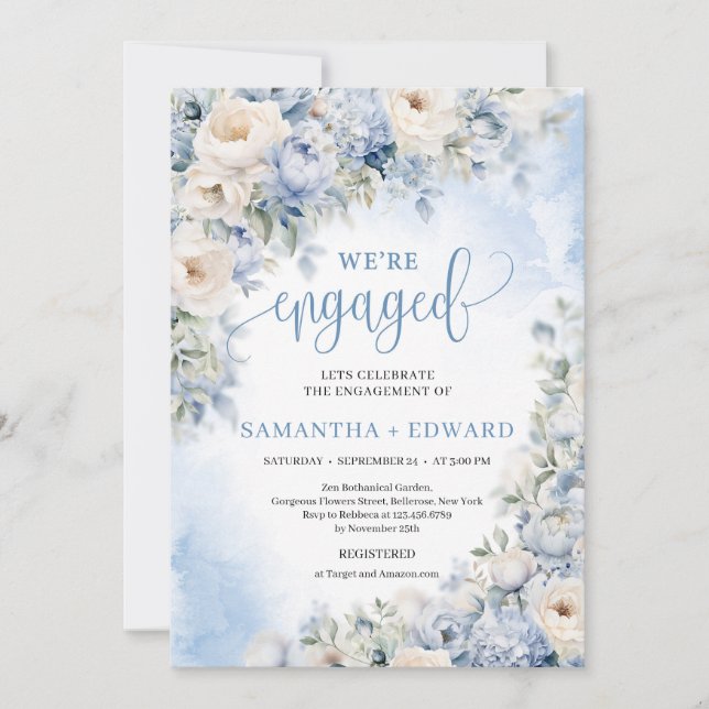 Winter Dusty Blue and Ivory Flowers WE'RE ENGAGED  Invitation (Front)
