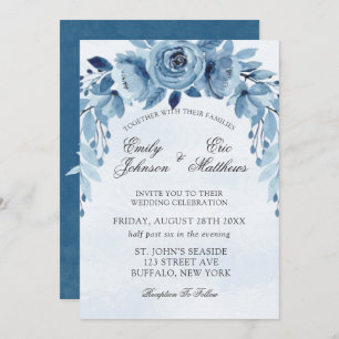 Winter Dusty Blue and Navy Oleander Peony Wedding Invitation