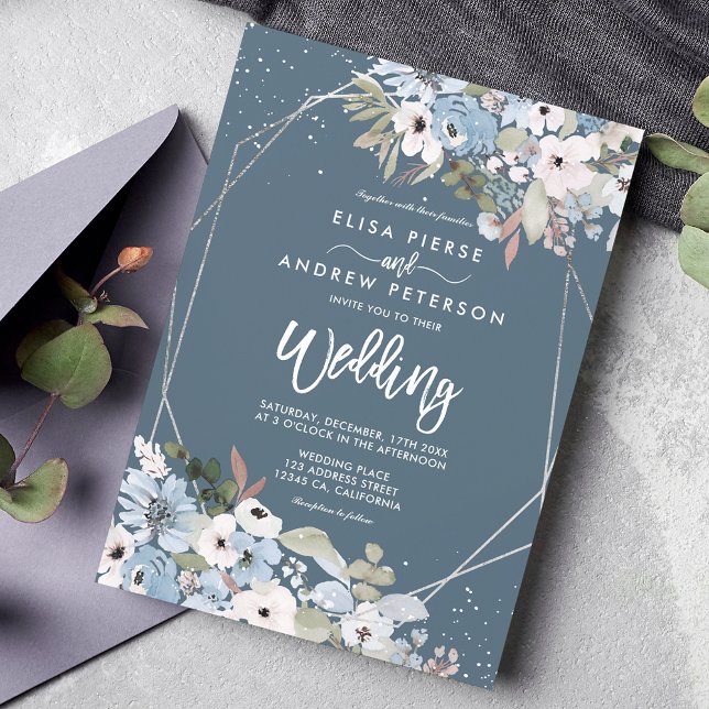 Winter dusty blue floral silver photo wedding invitation (Creator Uploaded)