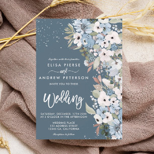 Winter dusty blue floral snow wedding invitation