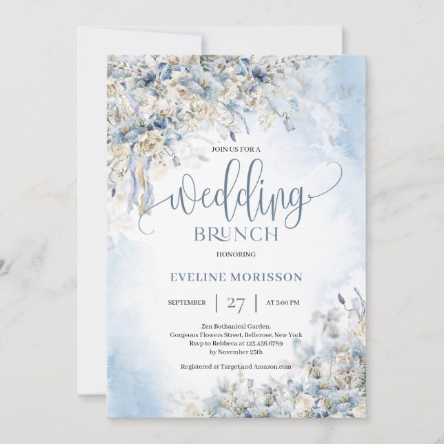 Winter dusty blue flowers greenery wedding brunch invitation (Front)