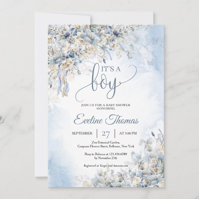 Winter dusty blue flowers white roses It's a boy Invitation (Front)
