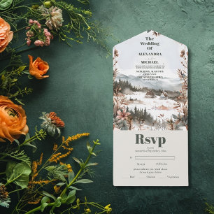 Winter Dusty Blue Mountain Minimalist Wedding  All In One Invitation