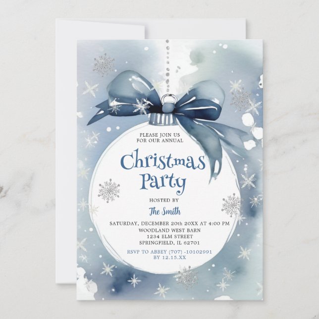 Winter Dusty Blue Ornament Holiday Christmas Party Invitation (Front)
