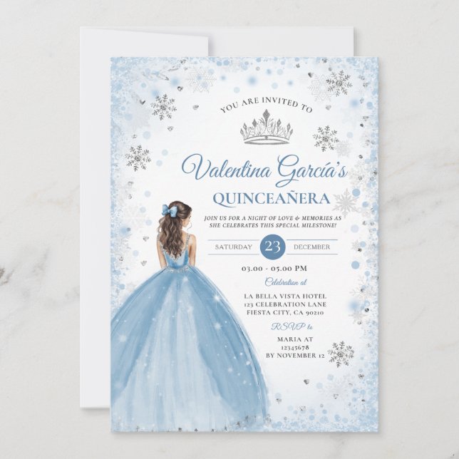 Winter Dusty Blue Quinceañera 15 Anos Snowflakes Invitation (Front)