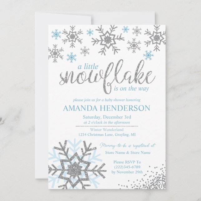 Winter Dusty Blue Snowflake Baby Shower Invitation (Front)