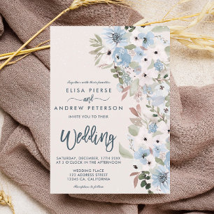 Winter dusty ice blue floral snow wedding invitation