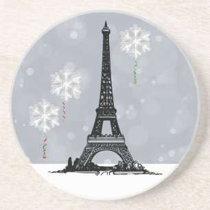 Winter Eiffel Tower, Snowflake Balloons Christmas Coaster