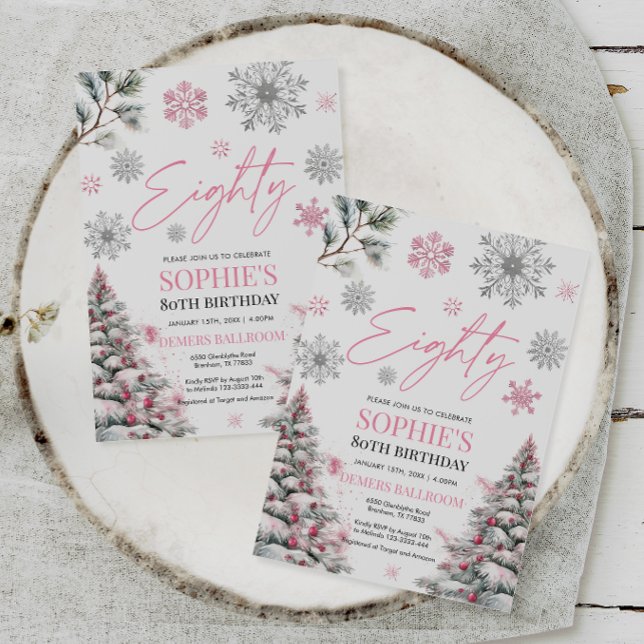 Winter Eighty Birthday Invitation, Pink Winter Invitation (Creator Uploaded)