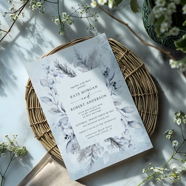 Winter Elegant Blue Floral Wedding Invitation (Creator Uploaded)