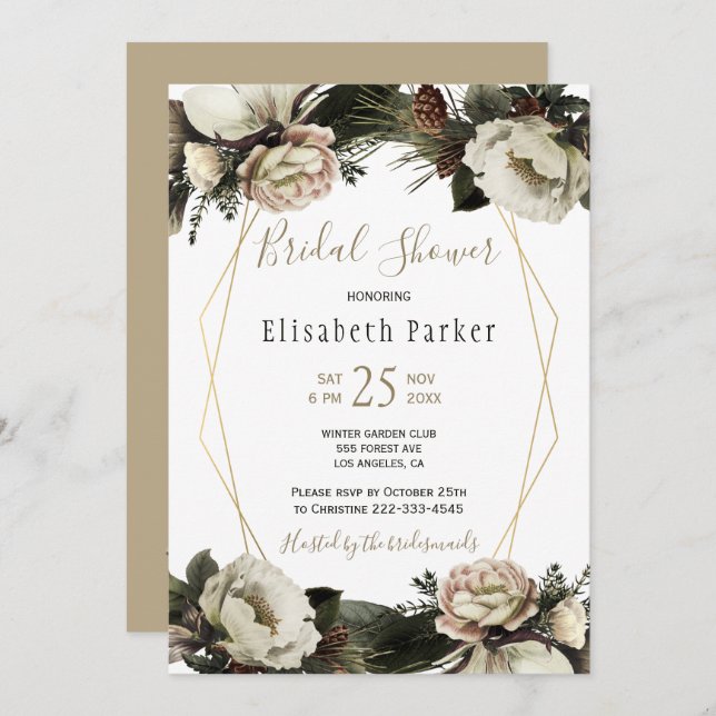 Winter elegant floral gold geometric bridal shower invitation (Front/Back)