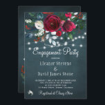 Winter elegant floral rustic engagement party invitation<br><div class="desc">Rustic elegant winter wngagement party stylish invitation template on a dark navy blue chalkboard featuring a beautiful burgundy wine and white peony roses bouquet with hunter green foliage, strings of white twinkle lights, and a chic typography script. Easy to personalise with your details! The invitation is suitable for elegant winter...</div>
