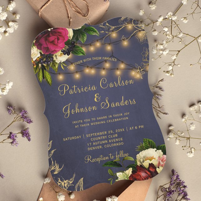 Winter elegant gold navy burgundy wedding invitation (Creator Uploaded)