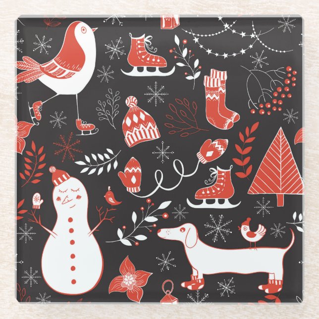 Winter Elements: Cute Hand Drawn. Glass Coaster (Front)