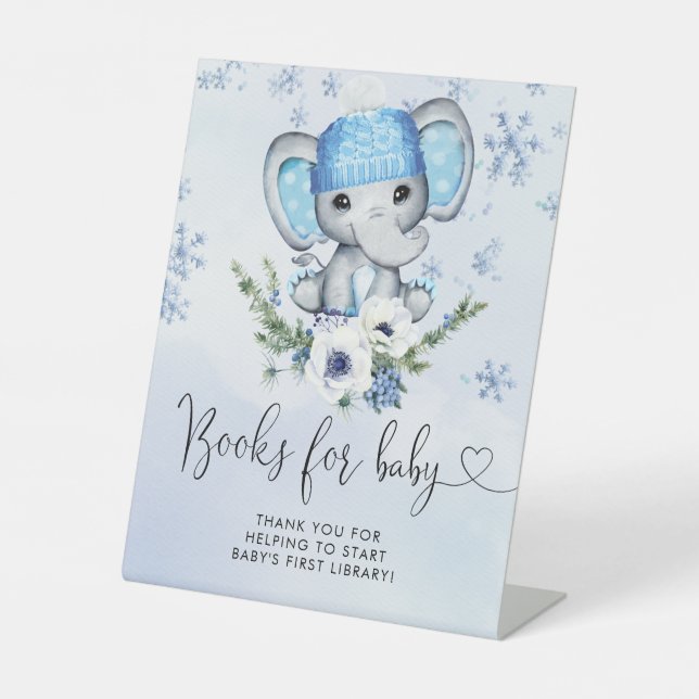 Winter Elephant Baby Shower Books For Baby  Pedestal Sign (Front)