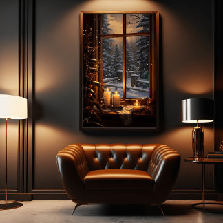 winter evening with a warm candlelit window poster