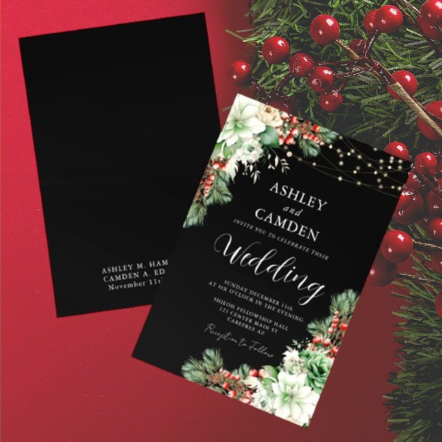Winter Evergreen and Berries Black Wedding Invitation (Creator Uploaded)