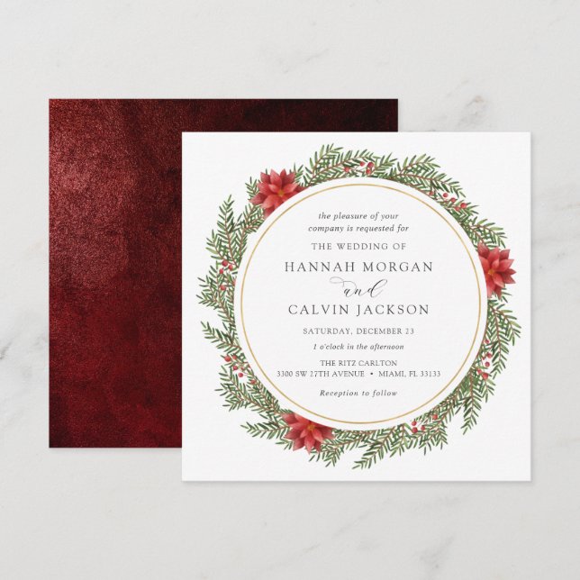 Winter Evergreen and Holly Wedding Invitation (Front/Back)