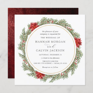 Winter Evergreen and Holly Wedding Invitation