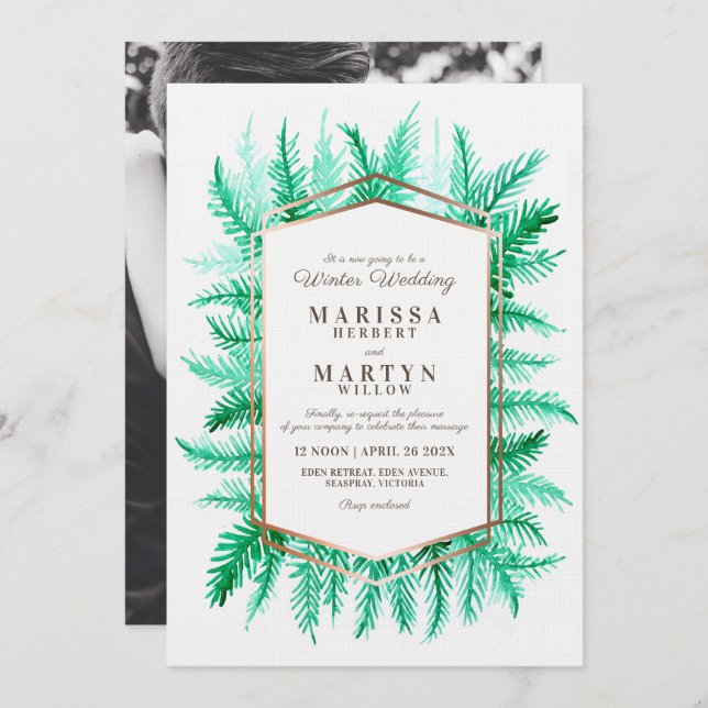 Winter evergreen art green rescheduled wedding invitation (Front/Back)