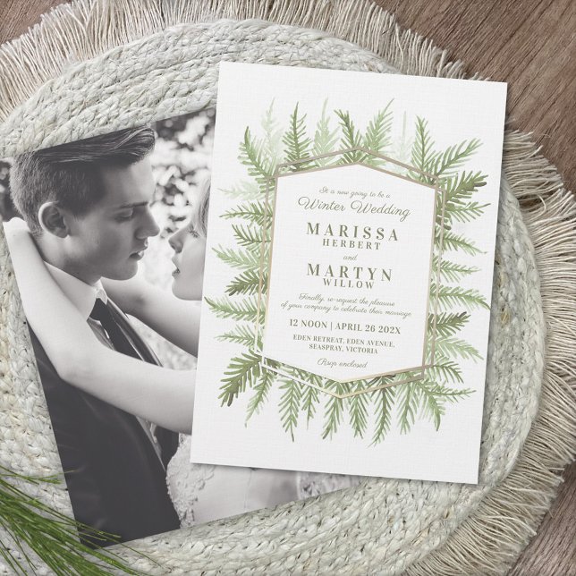 Winter evergreen art green rescheduled wedding invitation (Creator Uploaded)