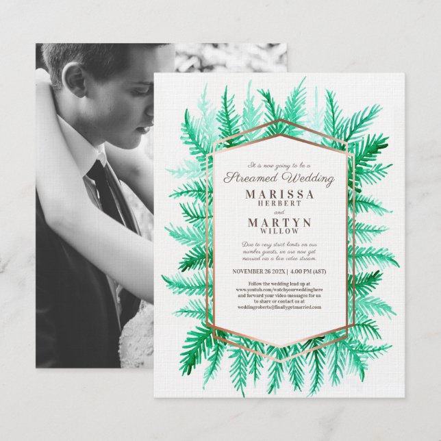Winter evergreen art green streaming wedding invitation (Front/Back)