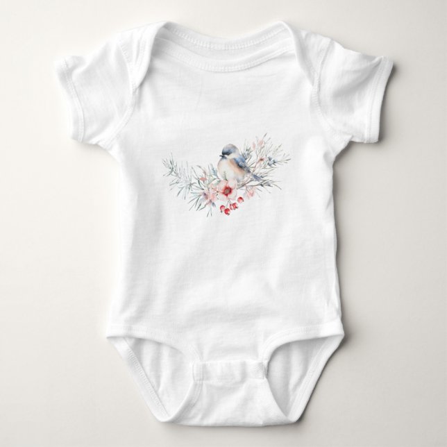 Winter evergreen bird  baby shower baby bodysuit (Front)