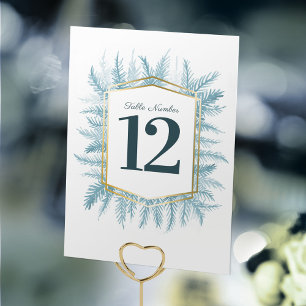 Winter evergreen blue pine art wedding table number